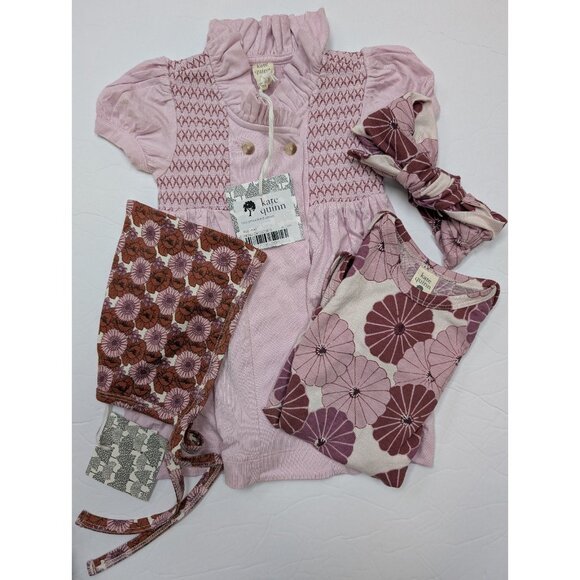 Kate Quinn Lilac Mist Roo Smocked Dress Dawn Vintage Daisy Bundle 6-12 Bodysuit